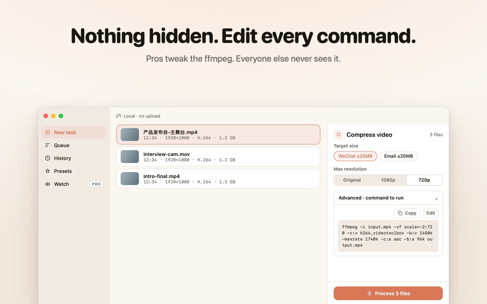 The real ffmpeg command — visible, copyable, editable
