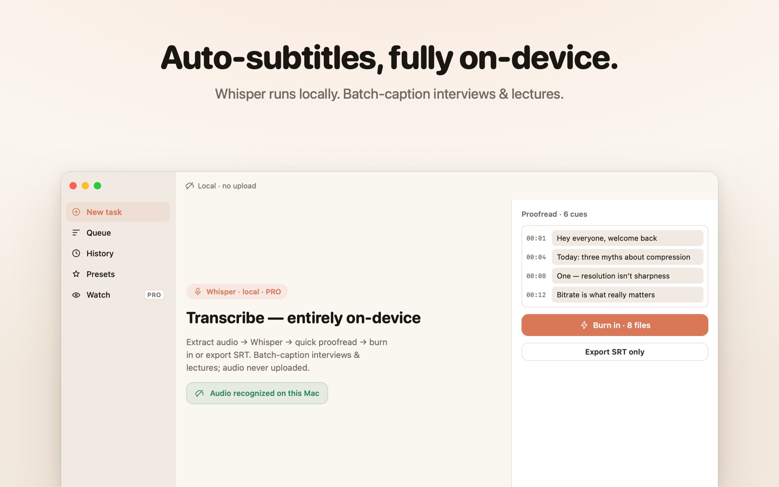 Whisper transcribes subtitles locally — audio never uploaded